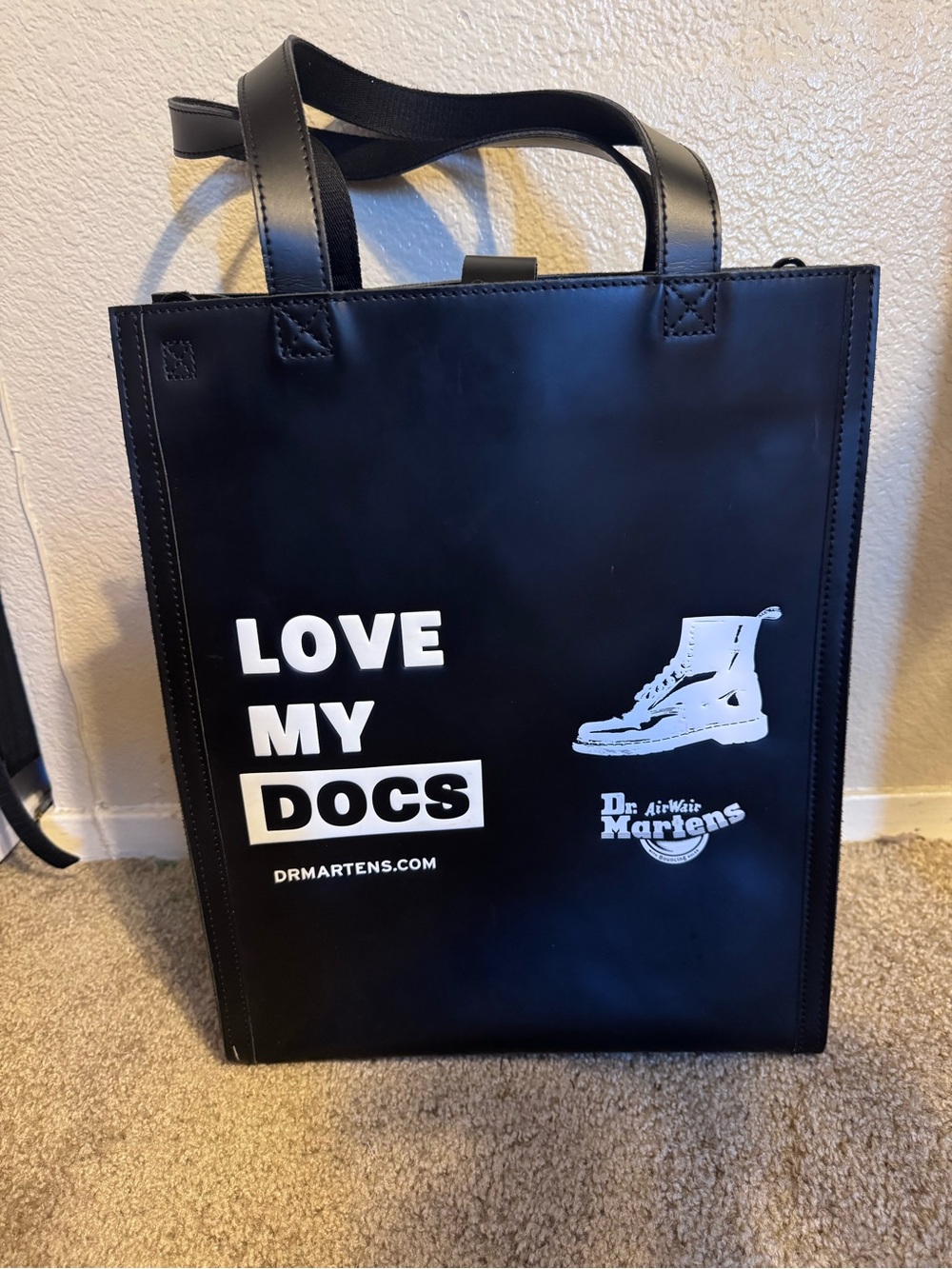 Dr. Martens Black Tote Bag with White 'Love My Docs' Graphic